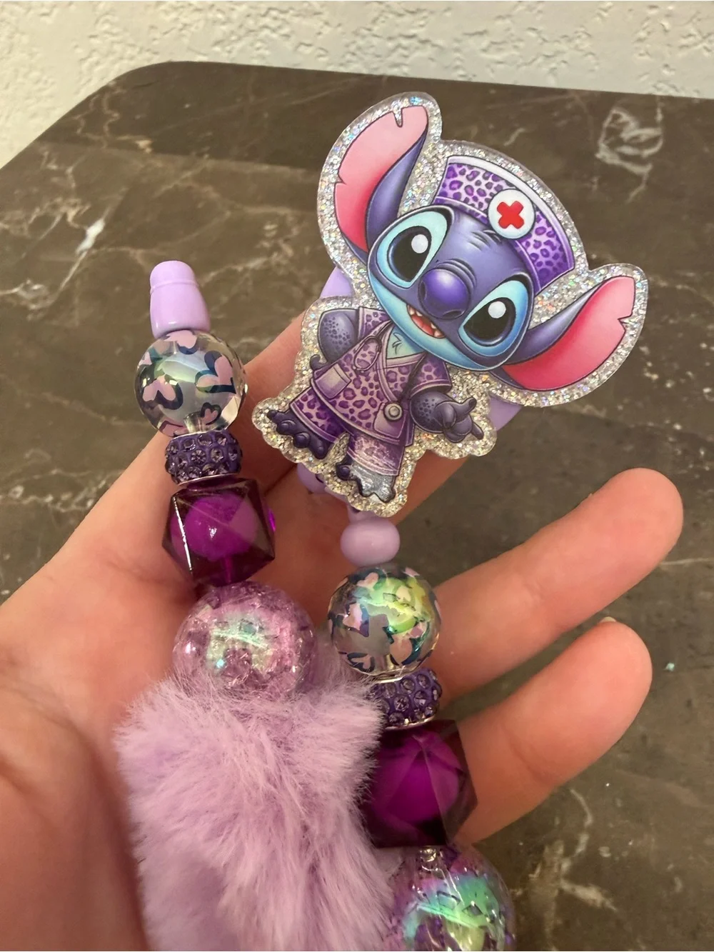 Purple Fur Hearts Nurse Stitch Beaded Pen and Matching Badge Reel Set Handmade